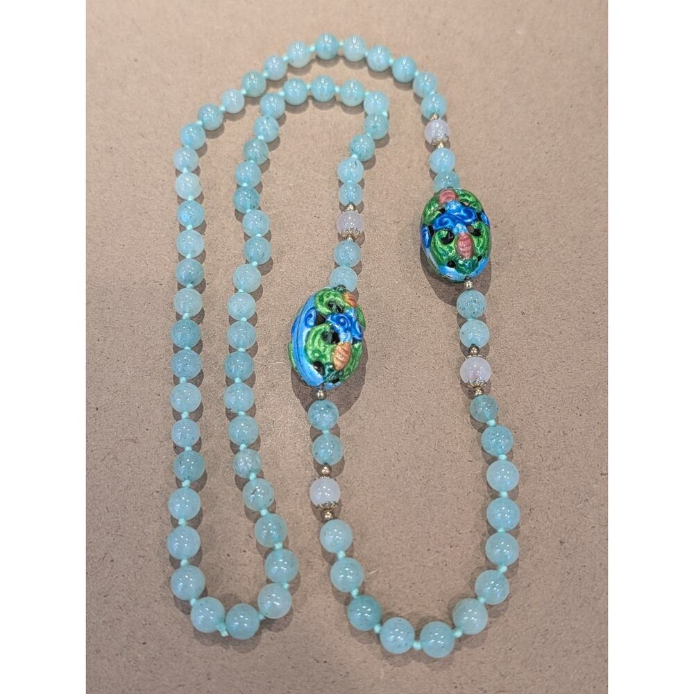Vtg Green Aventurine & Rose Quartz Bead Necklace w/ large Enamel Beads Unique